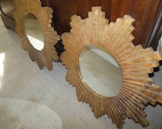 Pair carved wood round mirrors
