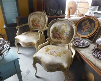 Pair French chairs in toile fabric