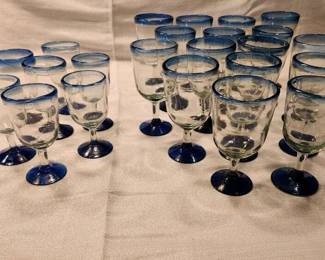 Handblown Glassware With Blue Cobalt Rims And Base