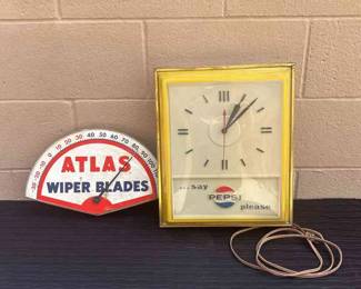 Vintage Atlas Thermometer And Vintage Pepsi Clock