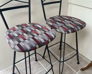 Pair of Black Cast Iron Bar Stools with Geometric Upholstery