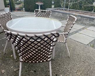 White Aluminum/Glass Top Patio Table with Brown Strapped Chairs