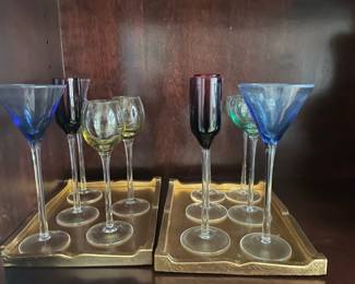 Assortment of Blown Glass - 2 Yellow Tall Wine Glasses, 2 Red Tall Wine Glasses, 2 Green Tall Wine Glasses, 2 Tall Martini Glasses