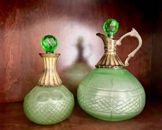 Matching Brass Tone/Green Frosted Glass Decanter and Jug