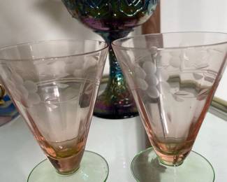 Pair of Pink Depression Glass Parfait Glasses with Green Stem