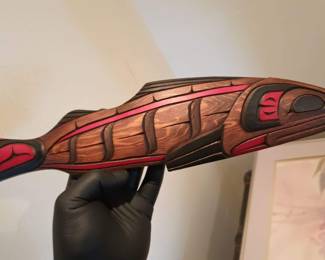 1995 Salish Tribal Art Carved/Painted Salmon by Larry James