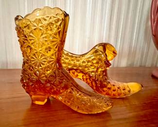 Two Fenton Amber Glass Shoes