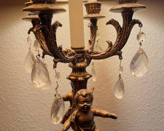 Bronze Tone Candelabra Table Lamp with Figural Cherub