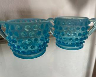 Blue Hobnail Mini Creamer Open Sugar Bowl Set