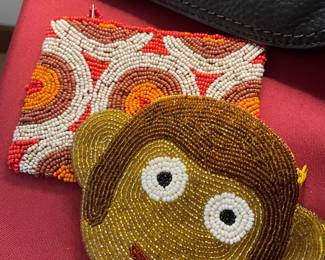 Hand Beaded Monkey Face Coin Purse, Hand Beaded Brown, White & Orange Coin Purse with Circular Design