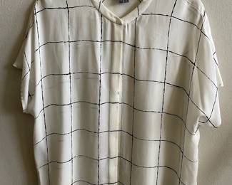 Vince Windowpane-Print Loose Silk Blouse - Size Medium