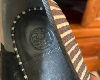 Tory Burch Evette Black/White Striped Penny Loafers