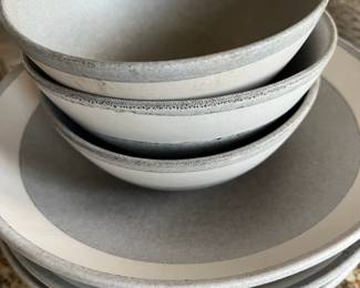 Gray/White Striped Pottery - Set of 3 Bowls, 3 Dinner Plates