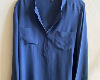 Eileen Fisher Navy Silk Long Sleeve Blouse - Size Small