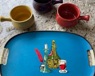  Everbright Blue Laquerware Tray with Still Life Design, Set of 3 Stoneware Soup Bowls - Purple, Yellow, Red