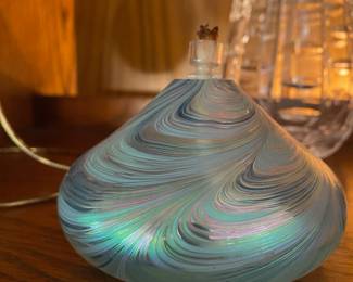 Blue Iridescent Blown Glass Oil Lamp