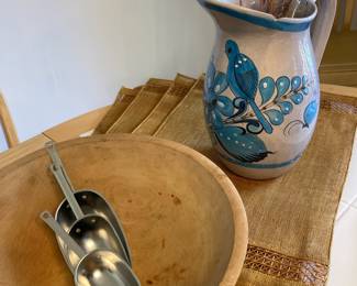 Set of 3 Stainless Ice Scoops, Maple Carved Serving Bowl, Blue/Gray Mexican Folk Art Pottery Jug