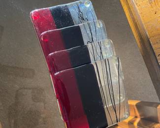 Set of 4 Red, Black & Clear Decorative Glass Coasters