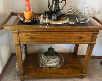 Dark Oak Glass Top Rolling Bar Cart