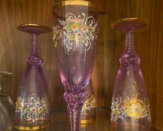 Czech Lavender Hand Painted Wine Glasses - Set of 4