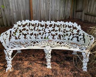 White Wrought Iron Bench with Floral Design