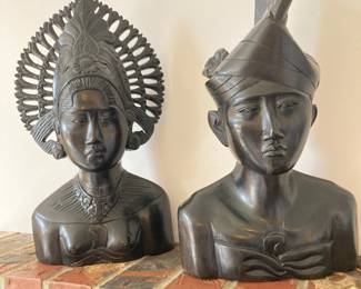 Pair of Hand Carved Wooden Balinese Busts Sculptures 