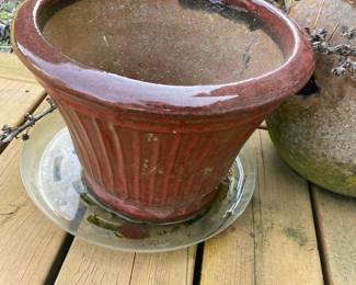 Red Glazed Ribbed Ceramic Planter