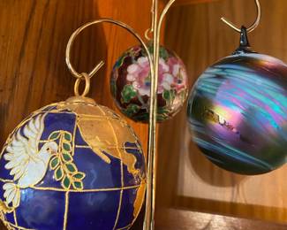 Nieman Marcus Cloisonné 2000 Christmas Glass Ornament, Pink/Red Floral Cloisonné Christmas Ornament, Blue/Purple Iridescent Blown Glass Ornament