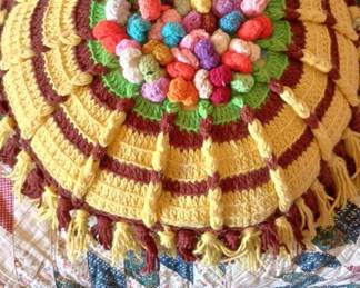 2 Multicolored Crocheted Pillows with Pom Poms