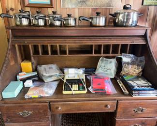 Dark Oak Rolltop Desk, Assortment of Revereware Pots & Pans