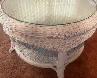 Round White Wicker Coffee Table with Glass Top