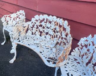 White Wrought Iron Floral Patterned Bench with 2 Chairs 