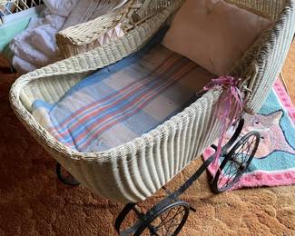 Circa 1920's Full Size White Wicker Baby Carriage