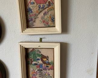Pair of Framed Embroidered Pieces "Cottage Gardens"