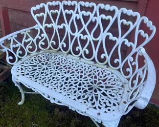 White Wrought Iron Bench with Heart/Floral Pattern