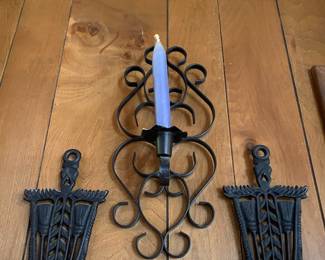 Black Wrought Iron Candle Holder/Wall Sconce, Two Matching Footed Cast Iron Trivets