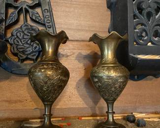 Pair of  Etched Brass Bud Vase - Made in India