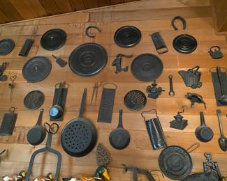 Assortment of Cast Iron Wall Decor, Cast Iron Pans