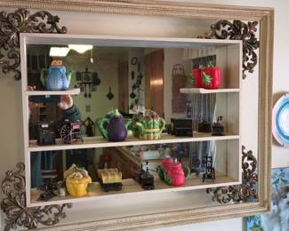 Mid Century Gold/Cream Hanging Mirrored Shelf, Avon "Blue Seasons" Ceramic Teapot, Avon "Season's Harvest" Ceramic Teapot