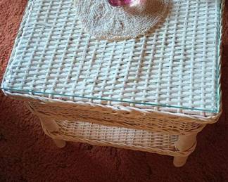 Square White Wicker Coffee Table with Glass Top
