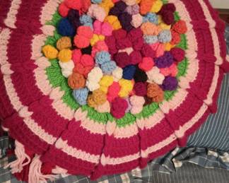 2 Multicolored Crocheted Pillows with Pom Poms