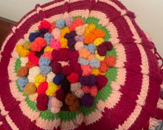 2 Multicolored Crocheted Pillows with Pom Poms