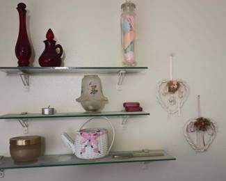 Pair of Avon Ruby Red Perfume Bottles, Frosted Glass Candle Lamp with Floral Design