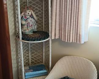 White Wicker Two Tier Shelf/Cabinet, White Wicker Barrel Arm Chair