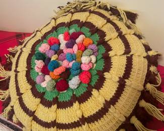 2 Multicolored Crocheted Pillows with Pom Poms