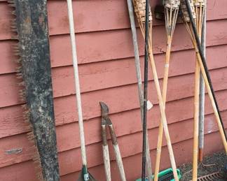 Garden Tools - Rakes, Pruners, Antique One Person Cross Cut Saw, Assortment of Tiki Torches