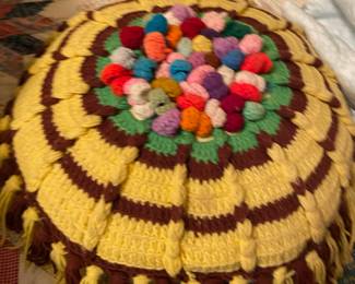 2 Multicolored Crocheted Pillows with Pom Poms