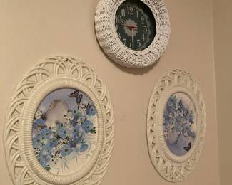 Pair of White Wicker Framed Floral Prints, White Wicker Round Wall Clock