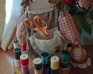 Wooden Doll Thread Spool, Assortment of Thread