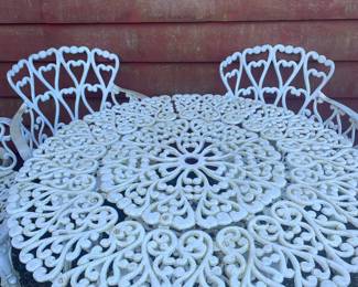 White Wrought Iron Table & Chairs with Heart/Floral Pattern